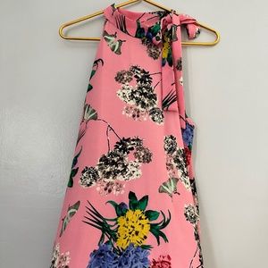 Plus Size Sleeveless Pink Floral Print with Bow Tie Around Neck Blouse Top